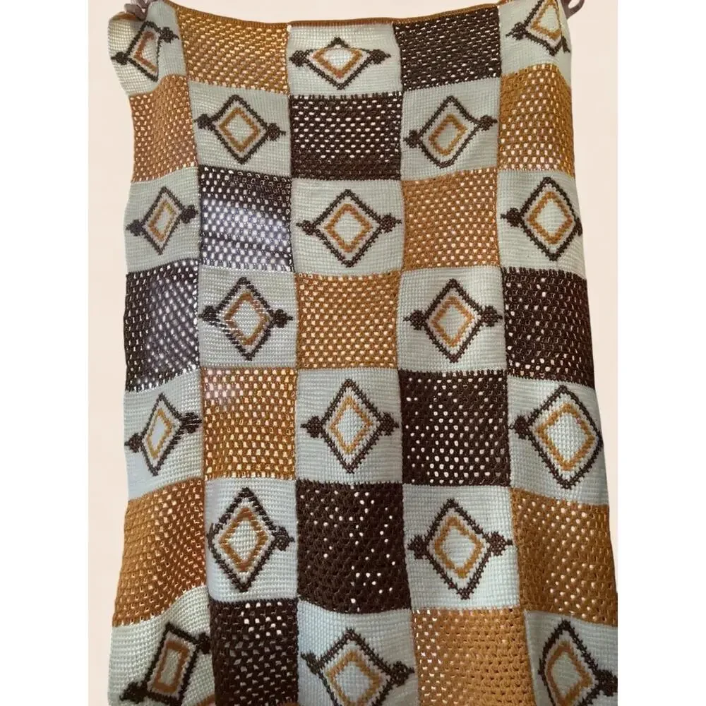 Vintage Handmade Crocheted Throw Afghan Blanket in Mustard, Brown & Cream